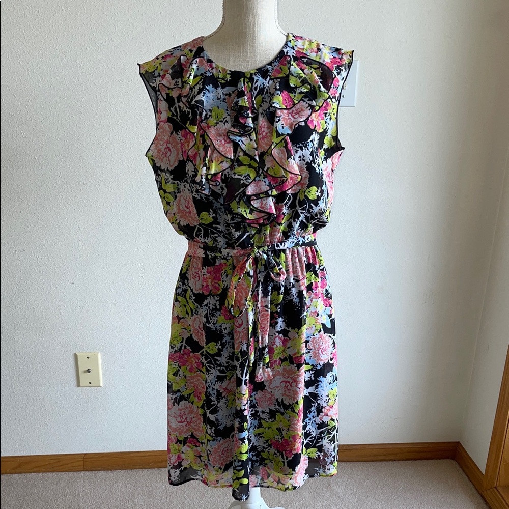 Emma & Michele Vibrant Floral Midi Dress - Black, Pink, Green